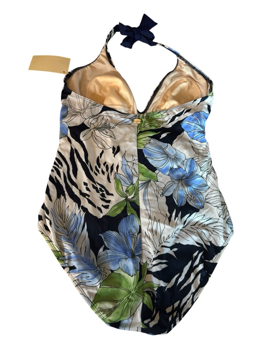 NWT St John Women’s Floral & Zebra Halter One-Piece Swimsuit Blue/Green/Black 12 - Picture 2 of 7